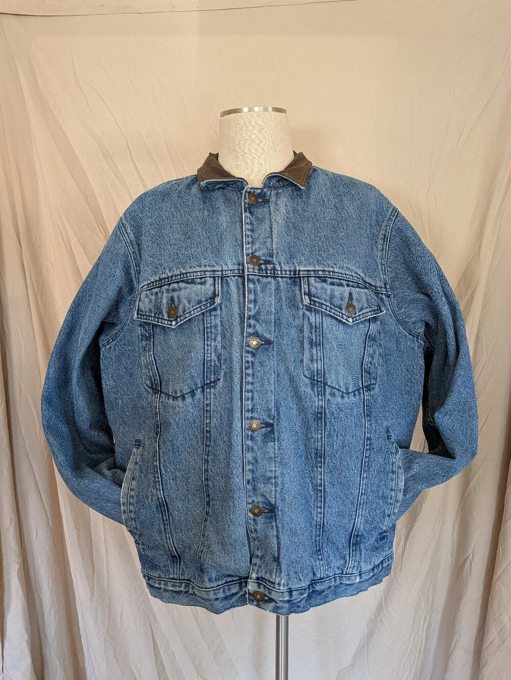 Cabela's Light Blue Denim Jacket with Leather Collar and Flannel Lining